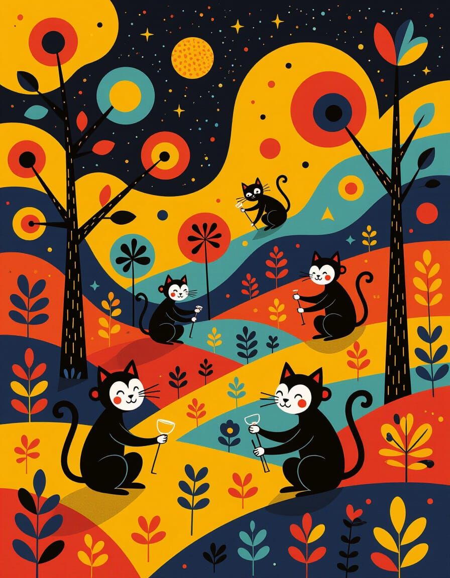 Whimsical Monkey-Cats in a Surreal Landscape