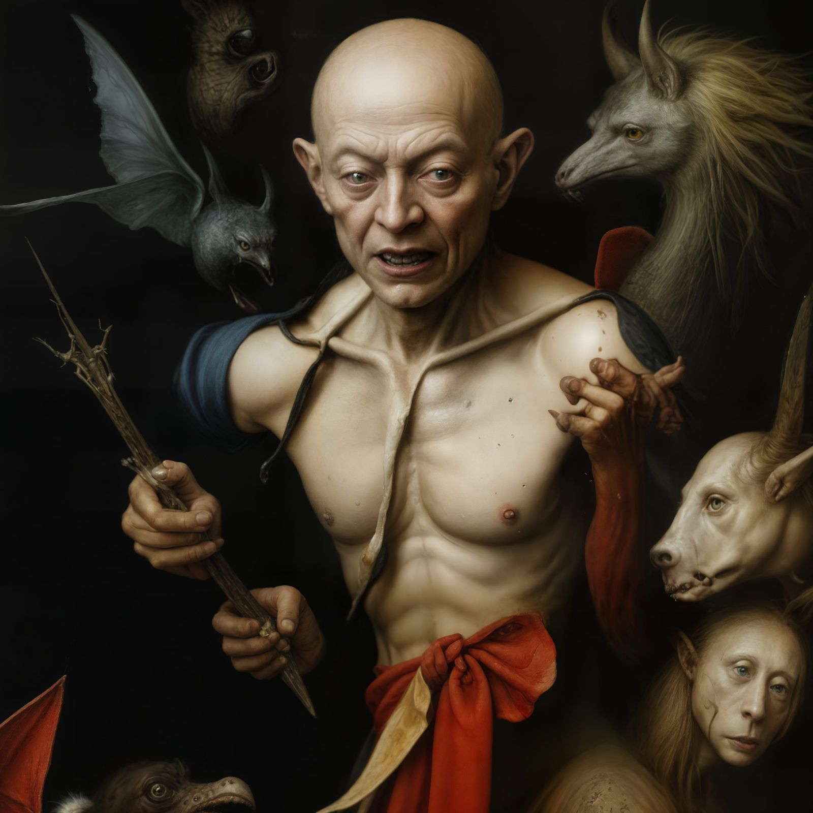 Holding 'The Crystal Scepter' which he uses for cheap Magic Tricks  to wow and amaze the gullible and keep them wanting ...