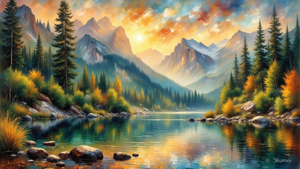 Tranquil Alpine Lake at Sunset in Impressionist Style