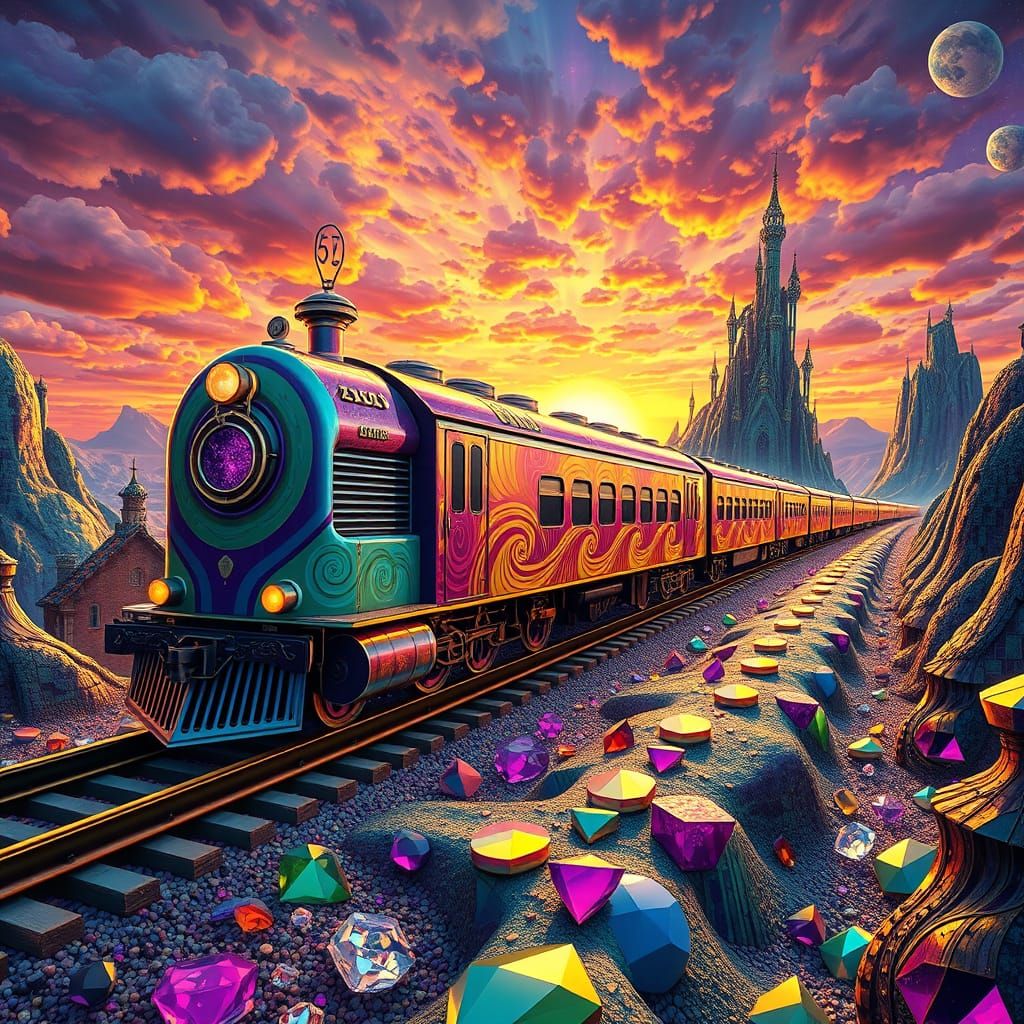Ethereal Train Journey Through Kaleidoscopic Realms