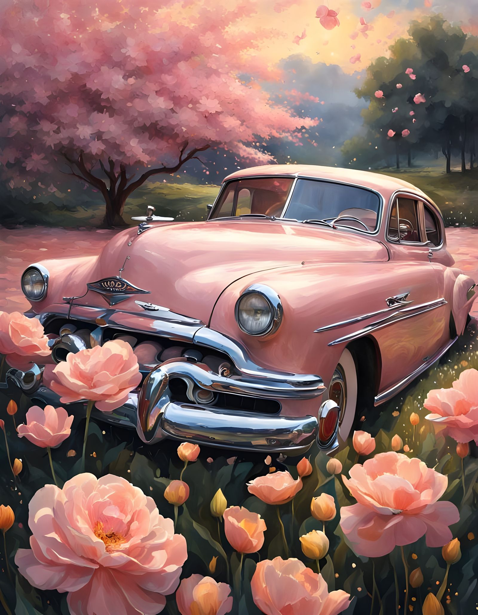 Shimmering Chrome Pink Car in Dreamy Flower Field