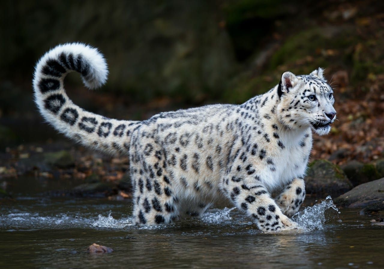 Snow Leopard Crossing Stream with Tail
