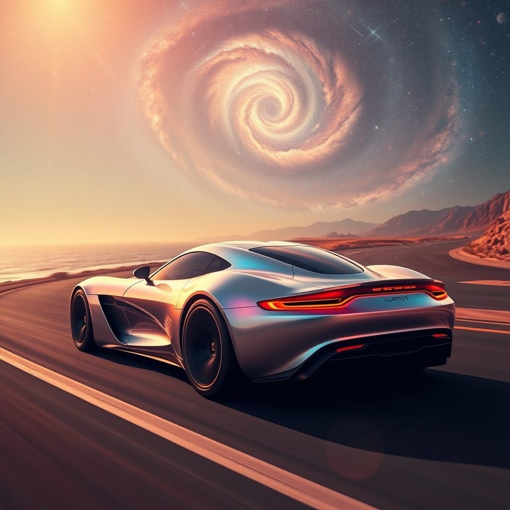 Futuristic Sports Car on Coastal Highway, Galaxy Sky