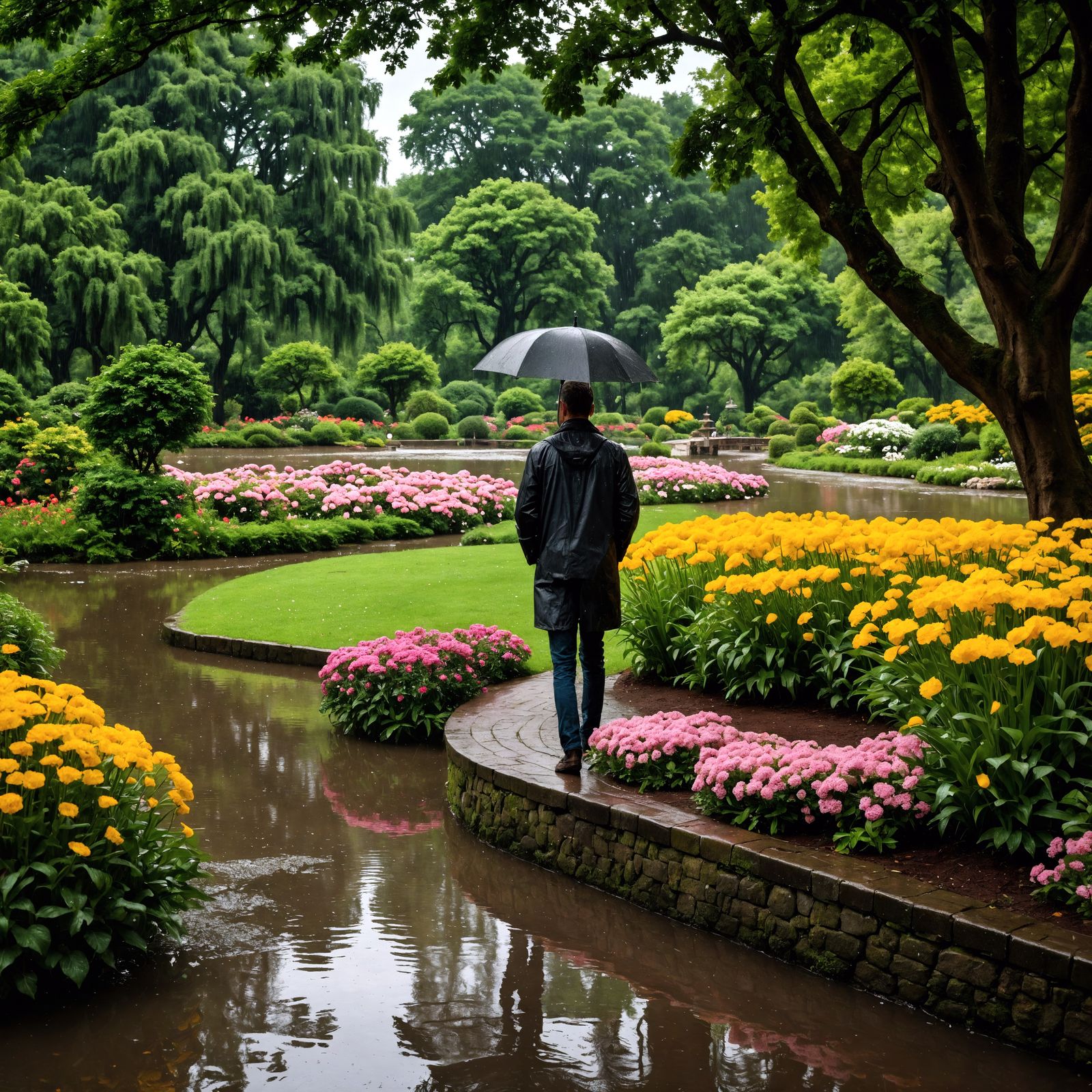 Rainy Day in a Hyperrealistic Garden Park