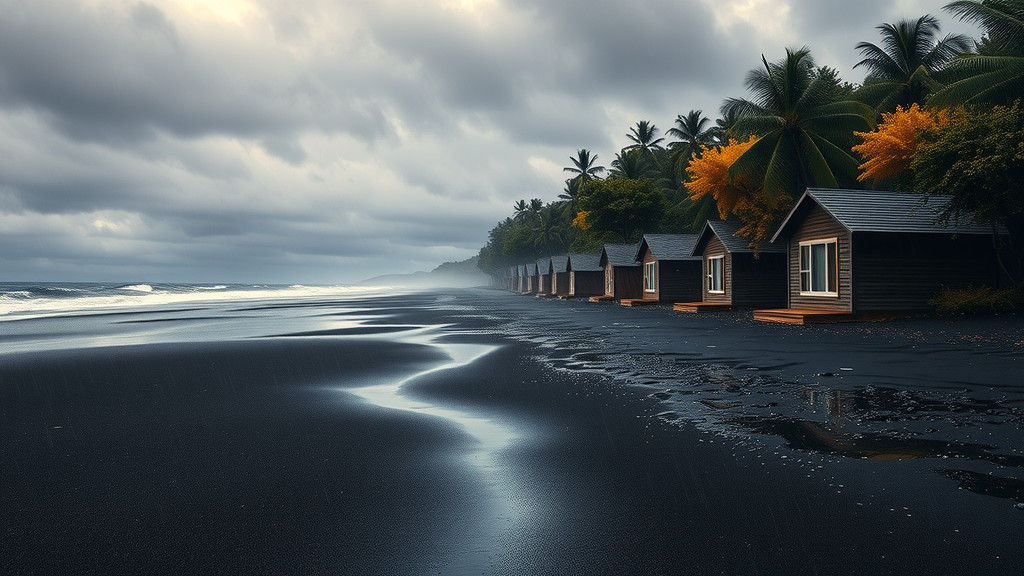 Dramatic Black Sand Beach and Forest Landscape