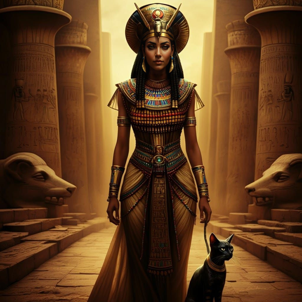 Ancient Egyptian Goddess Matit Walks with Feline Companion i...