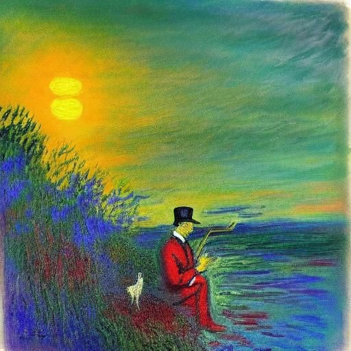 Vibrant oil painting with triadic colors. Medium shot. A boy plays his flute outside, near a hill, with a coyote watchin...