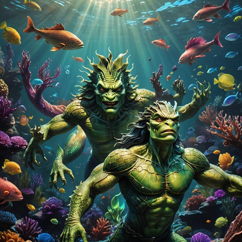 Hyperrealistic Merman Creature in Bioluminescent Ocean