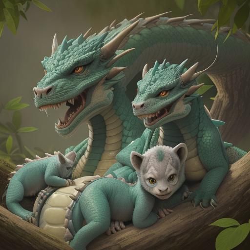 Dragon and Cubs in Fantasy Landscape
