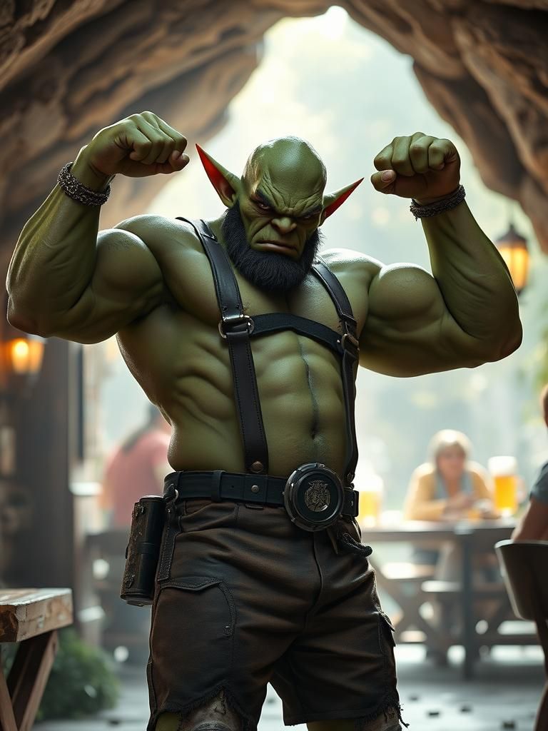 Bavarian Orc Flexing in Beer Garden, Photorealistic 3D Anime...