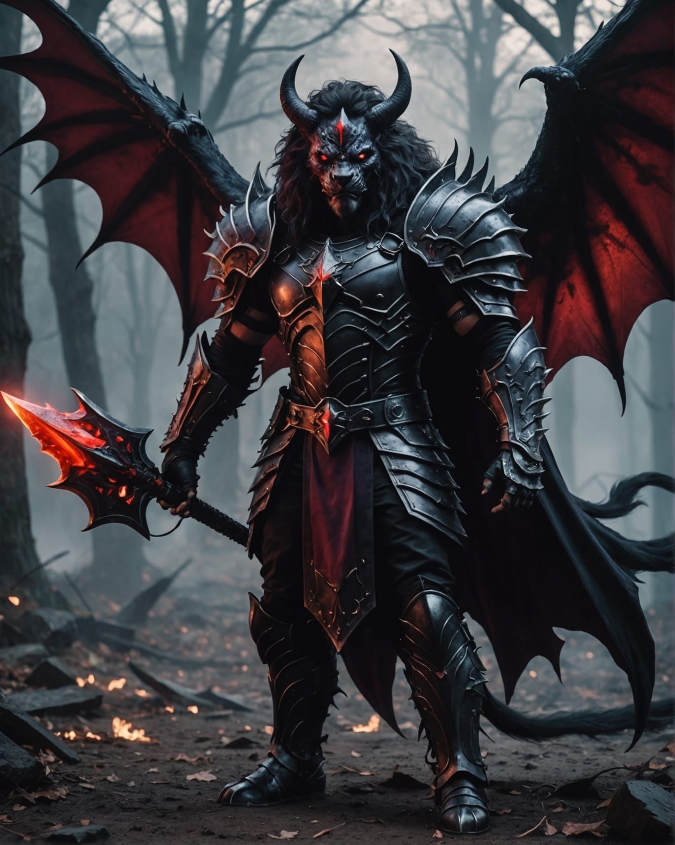 Muscular Lion Demon with Bat Wings on Battlefield