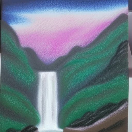 Pastel Waterfall and Mountain Landscape