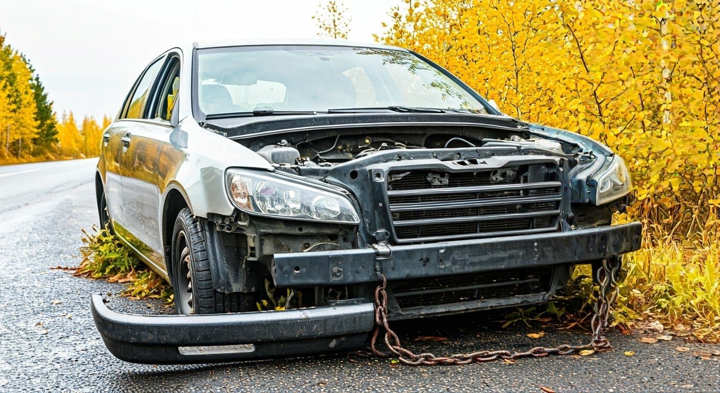 Abandoned Car Stranded in a Ditch with a Detached Bumper