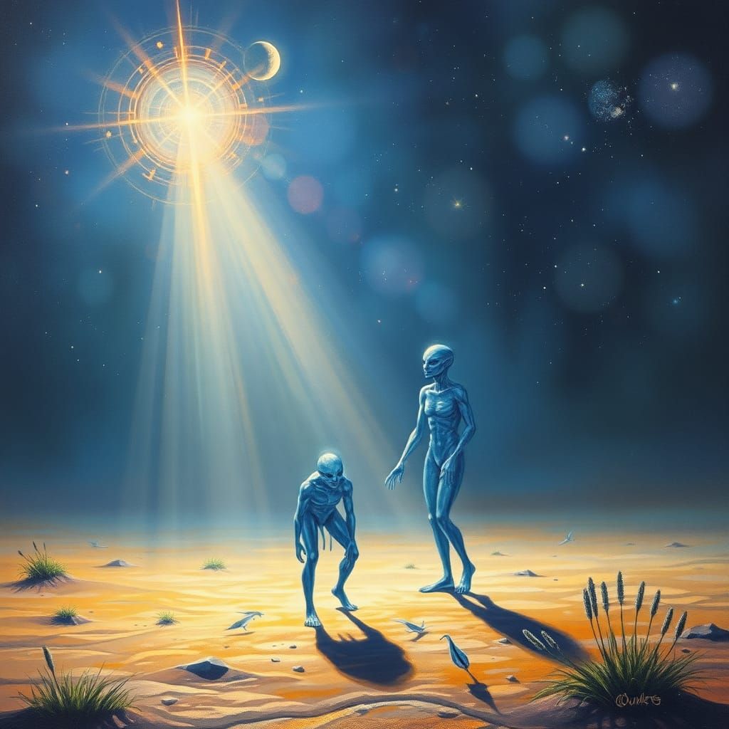 Pleiades Aliens Arriving at Night as Oil Painting