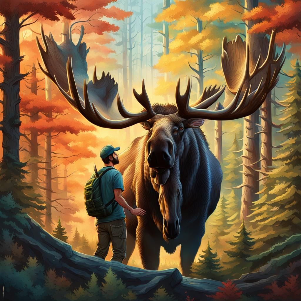 Man and Moose: A Hyperrealistic Forest Friendship
