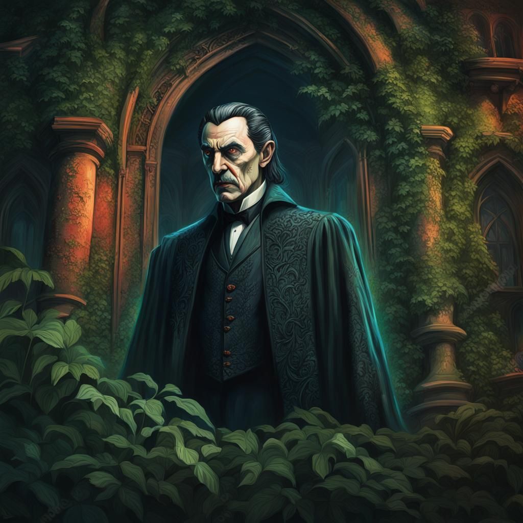 Hyperrealistic Dracula Portrait in Overgrown Gothic Mansion