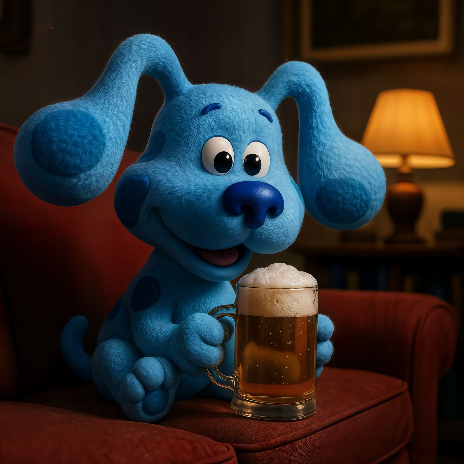 Adorable CGI Blue's Clues Dog Drinks Beer on Couch