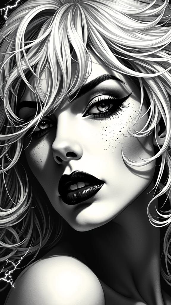 Femme Fatale with Platinum Hair in Comic Book Style