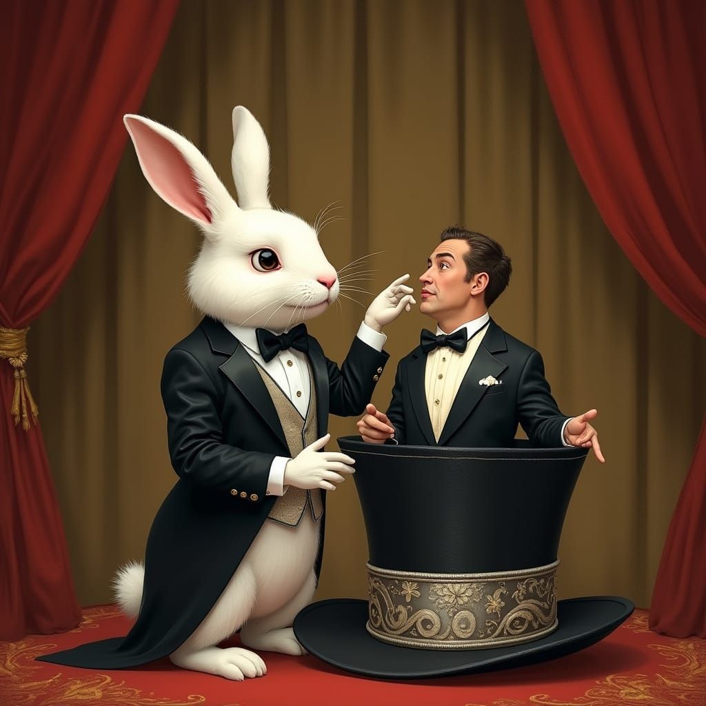 Majestic White Rabbit Pulls Man from Top Hat in Whimsical Ar...