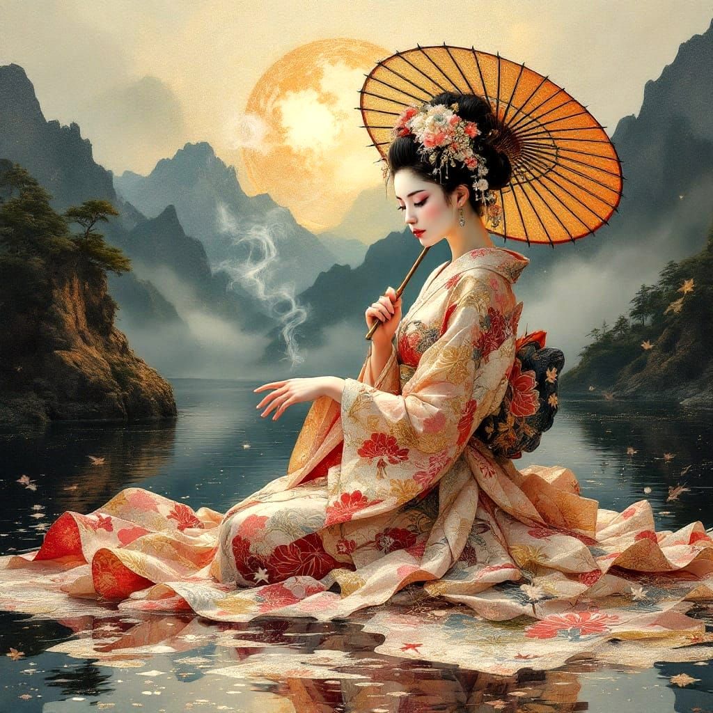 Ethereal Geisha Dances on a Mountain Lake