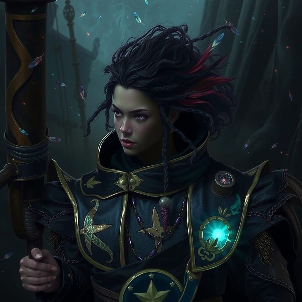 Vibrant Pirate Cultivator with Wild Hair and Ethereal Tattoo...