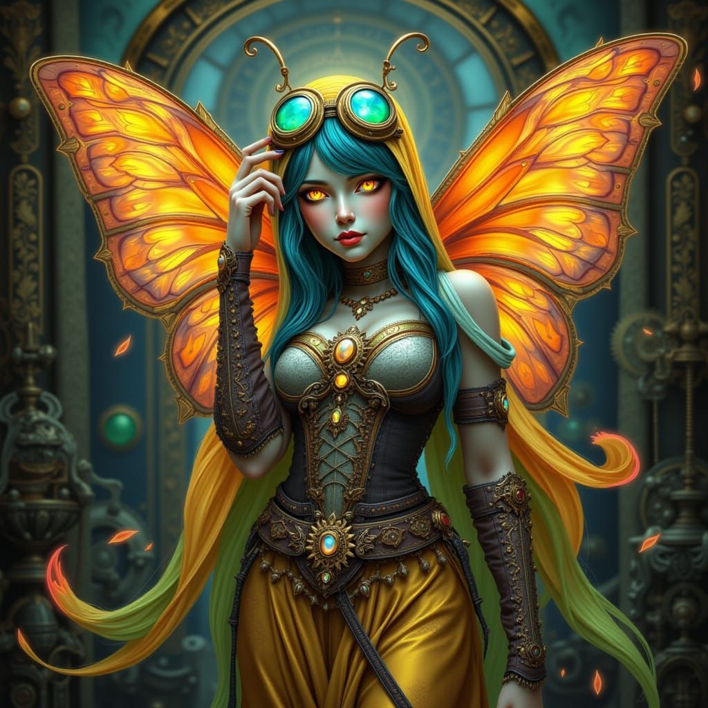 Steampunk Butterfly in Laboratory with Brass Gear