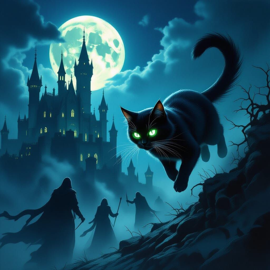 Spectral Cat Flees Shadowy Figures in Gothic Night