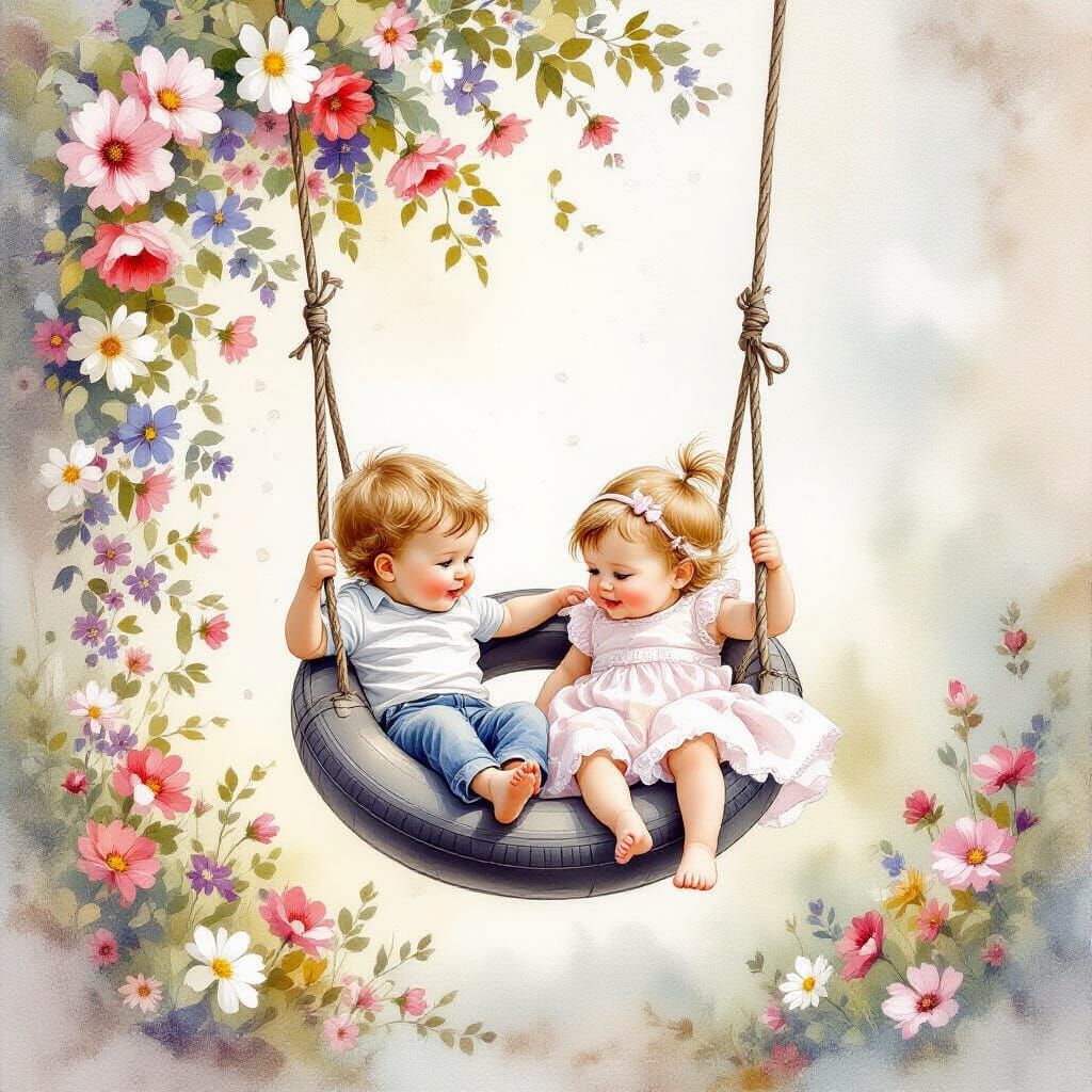 Ethereal Mist Baby Siblings on Tire Swing
