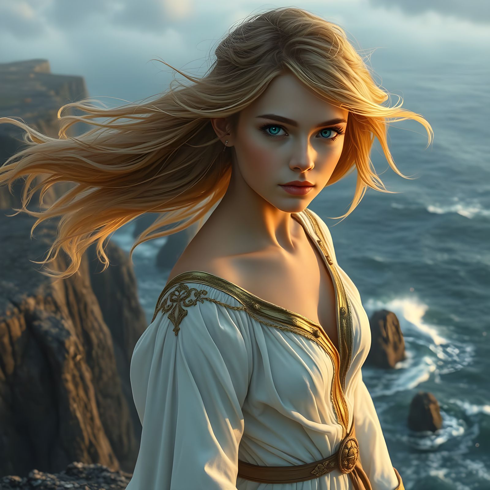 Golden Goddess on Windswept Cliffs