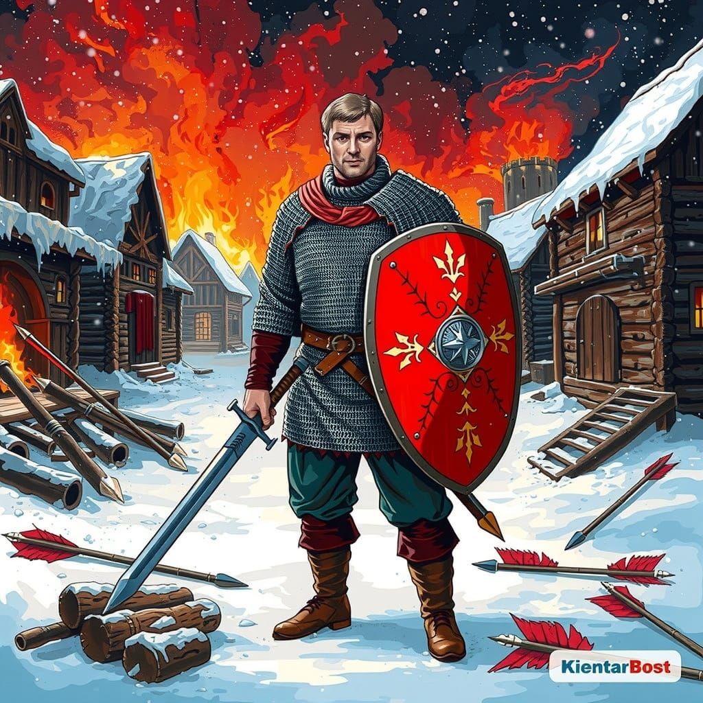 Brave Russian Hero in Burning City, Comic Book Art