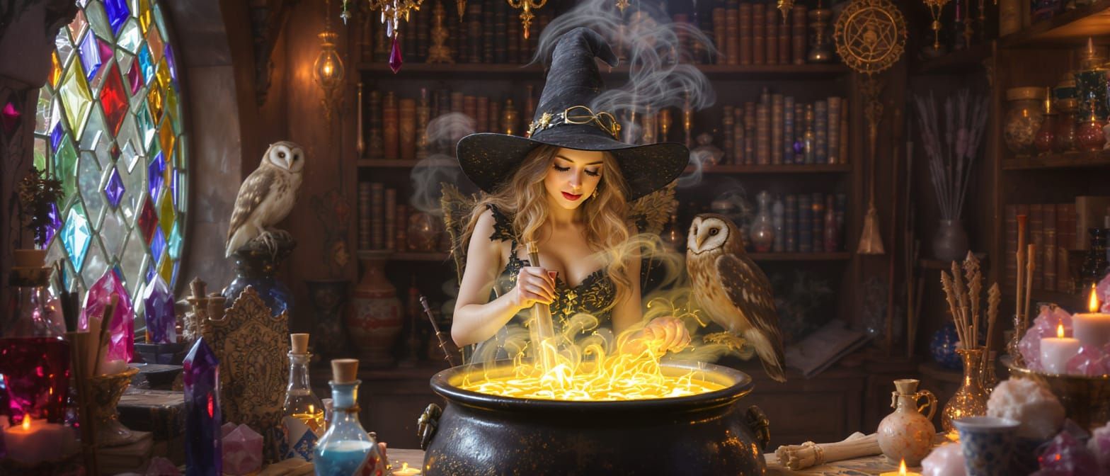Charming Witch Brews Potion in Magic Shop