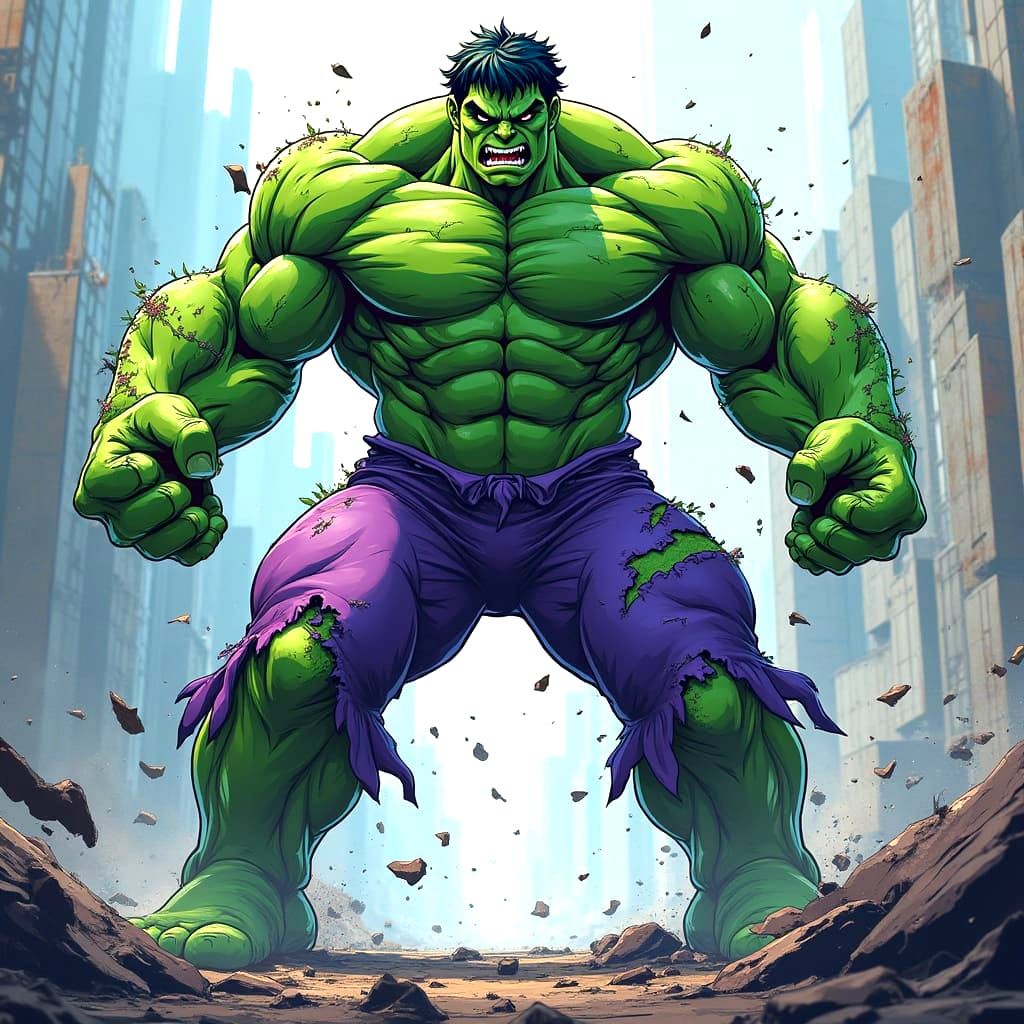 Hulk in Heroic Manga-Inspired Cityscape