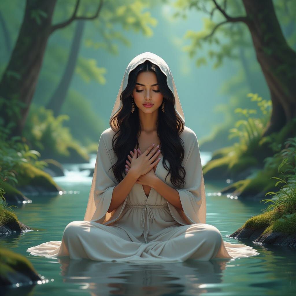 Mystical Forest Healer Meditating by Serene Stream