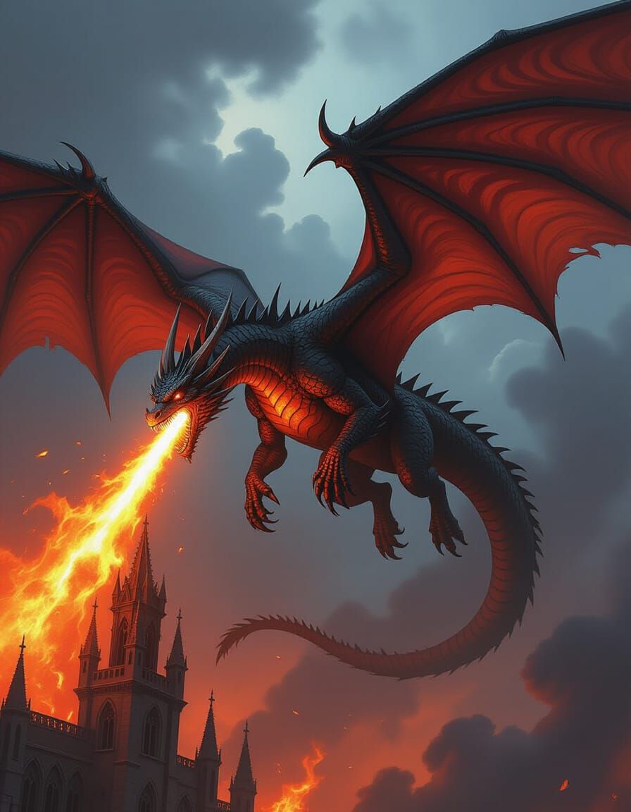 Menacing Dragon Breathes Fire Over Gothic Tower