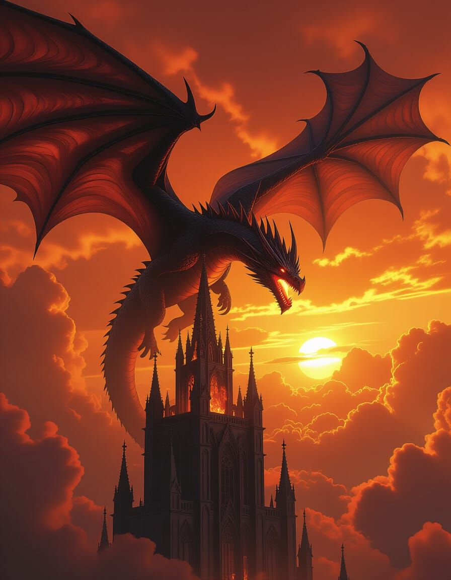 Menacing Dragon Unleashes Fire Over Burning Gothic Tower