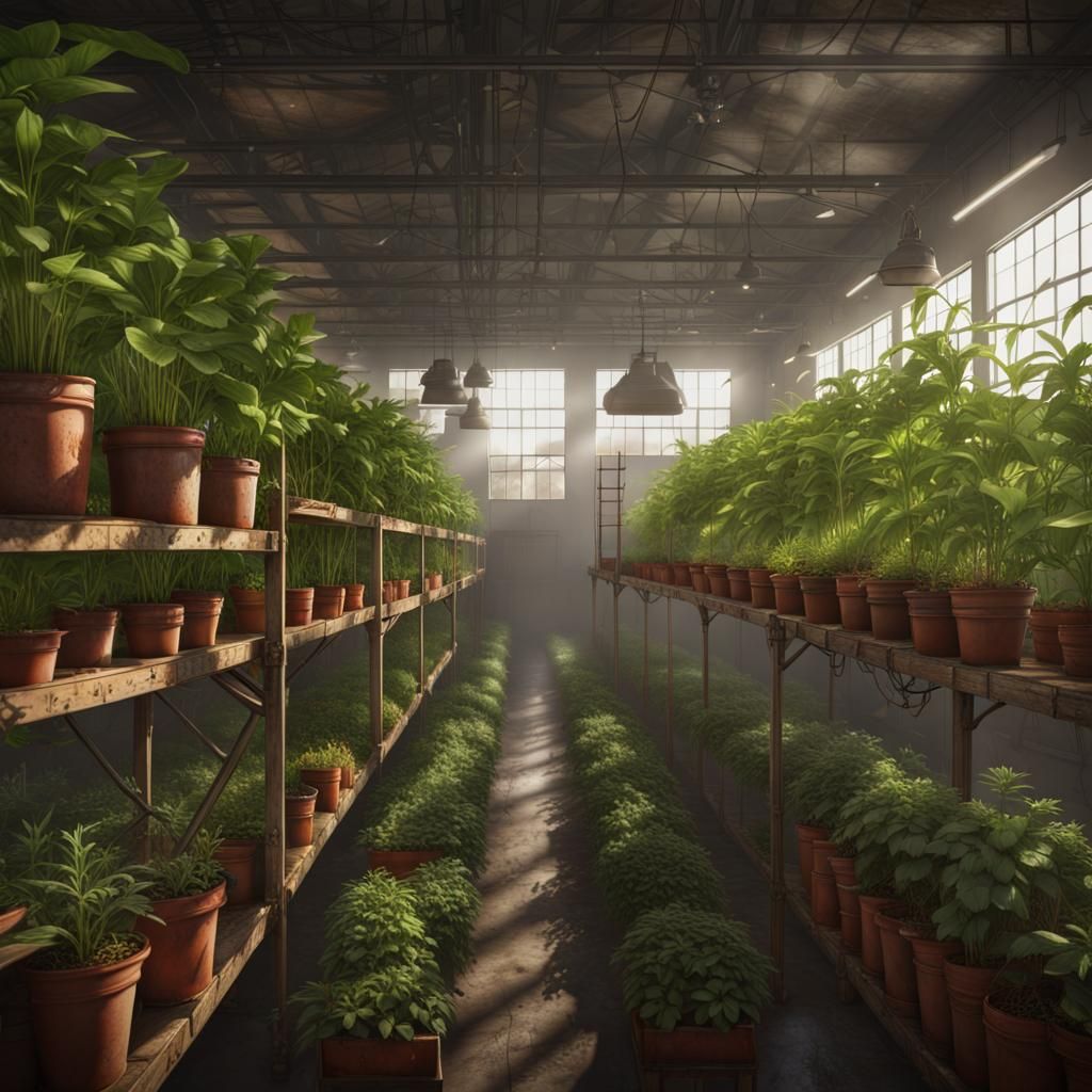 Indoor Cannabis Farm in Warehouse, Detailed Matte Painting