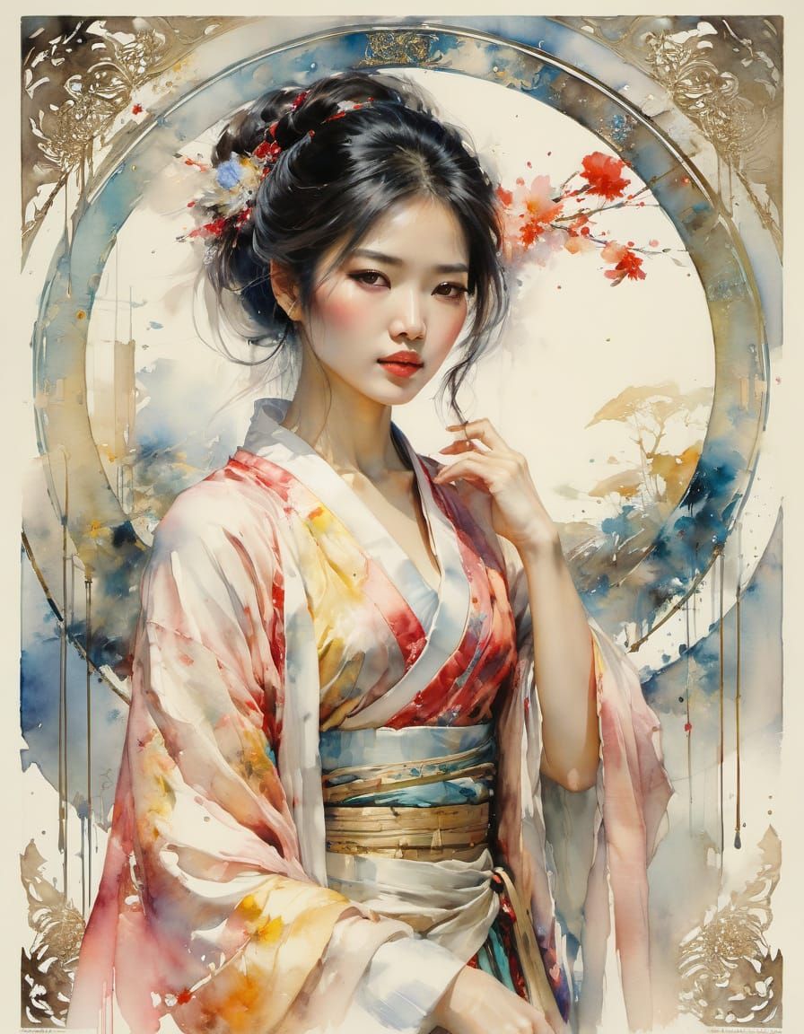 Beautiful Asian Woman in Watercolor Style