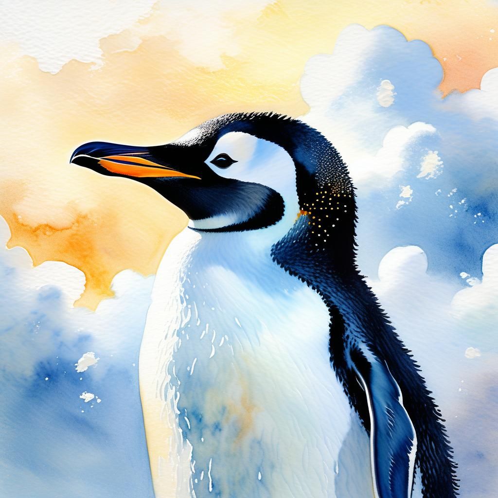 Penguin in Clouds: Soft Focus Watercolor Impression