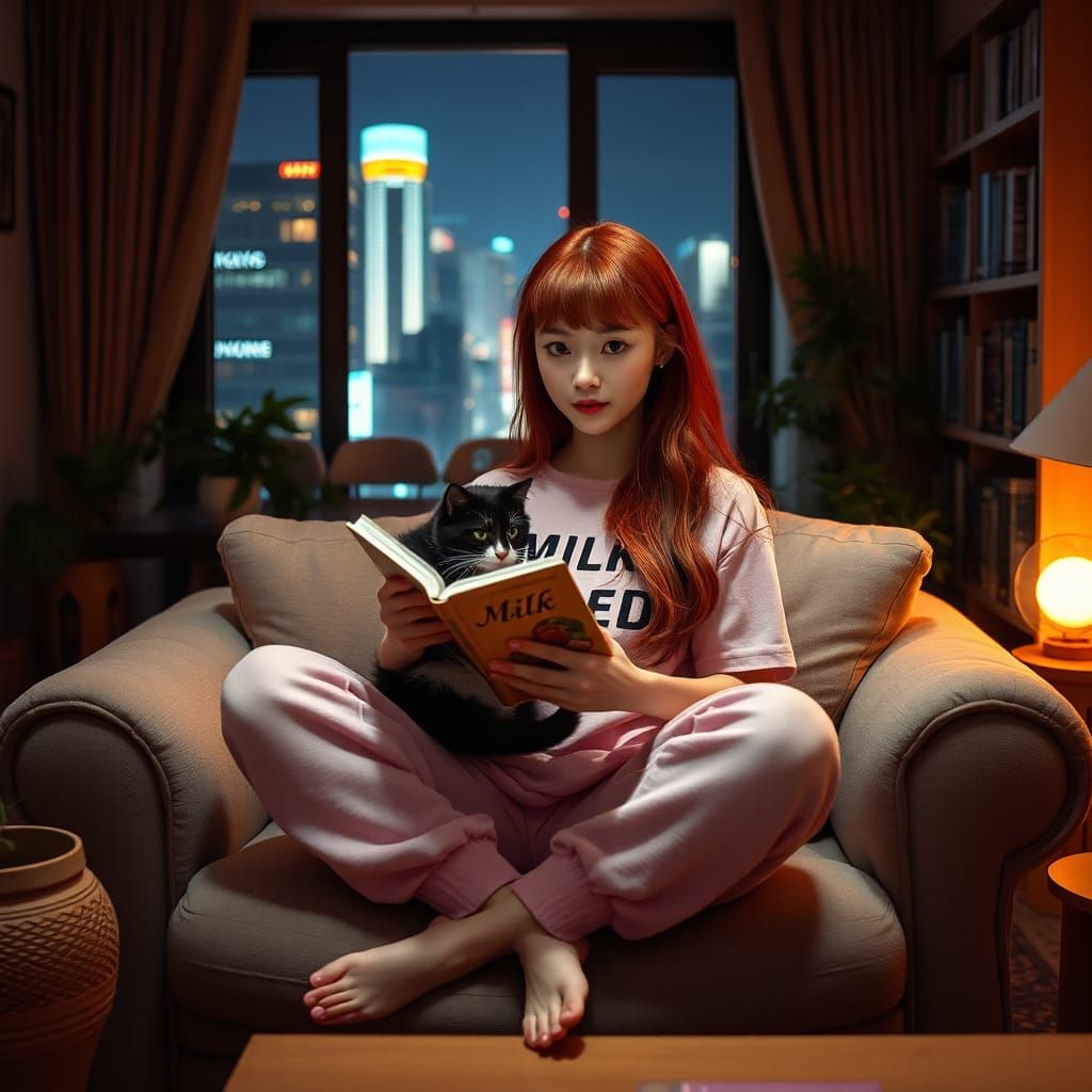 Japanese Woman Reading in Cozy Tokyo Apartment