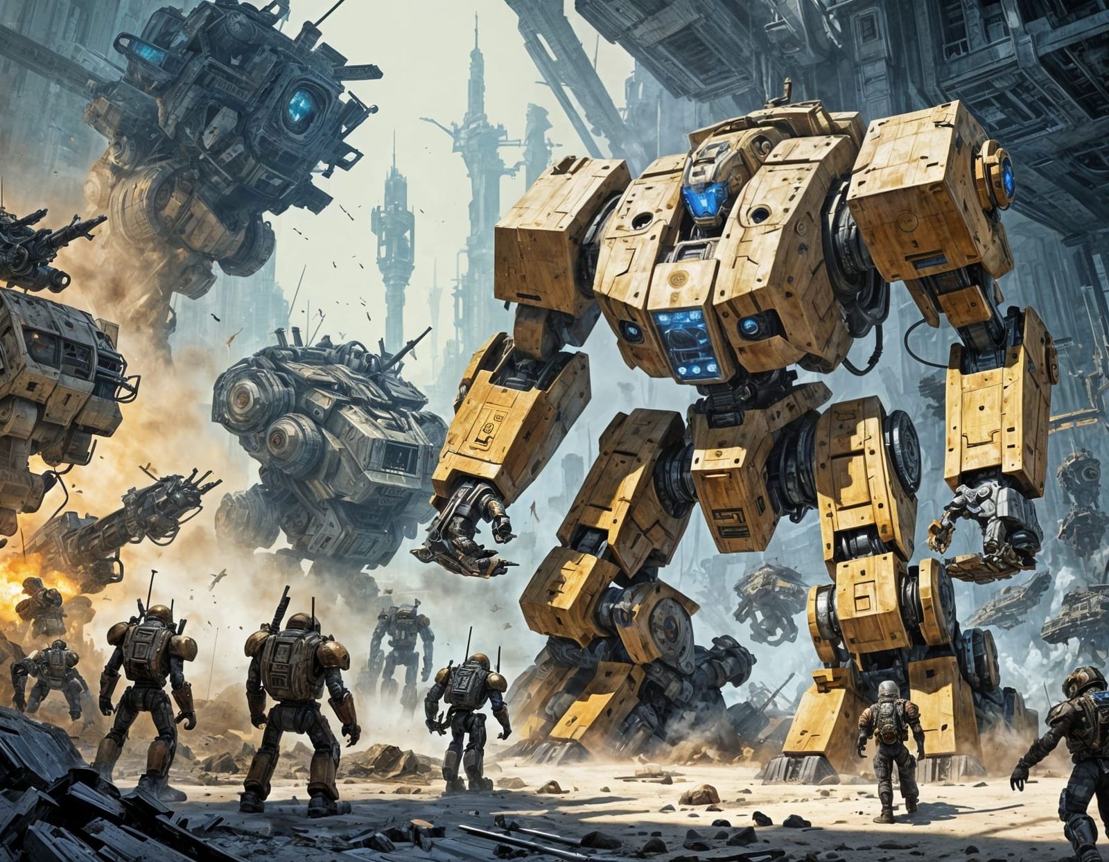 Giant Mech Warrior in Robot Battle: Sci-Fi Art