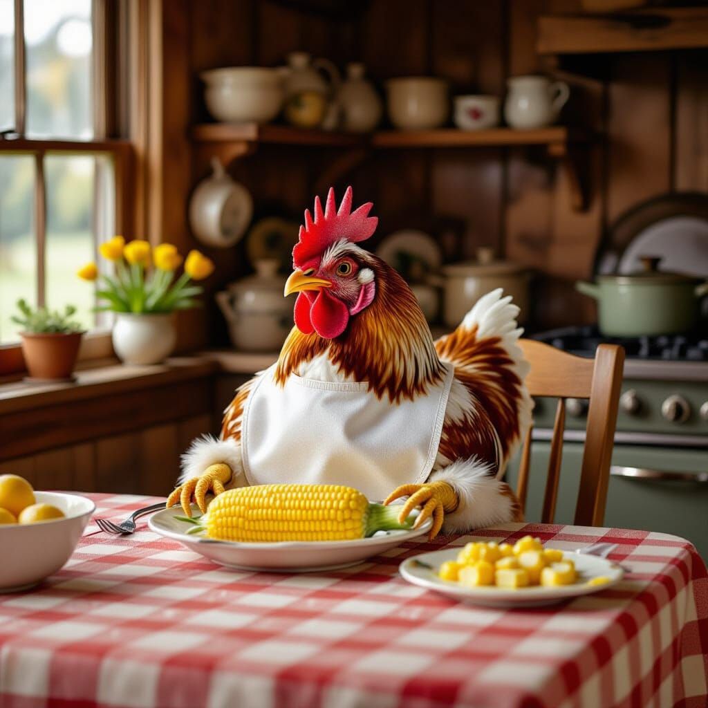 Whimsical Chicken Dining in Cozy Farm Kitchen