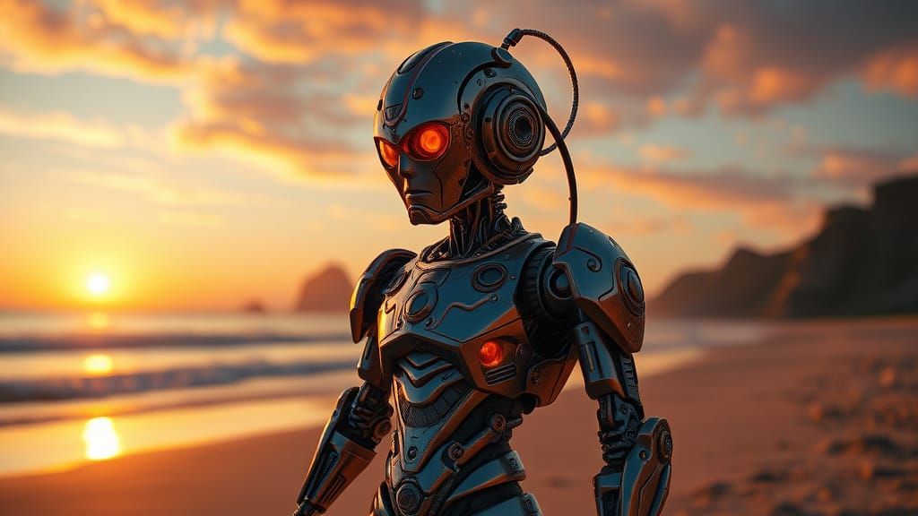 Stunning Hyper-Realistic Doll on Sunset Beach with Glitterin...