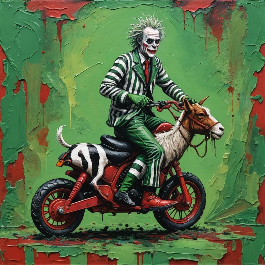 Beetlejuice Biker Goat Rider in Acrylic Painting