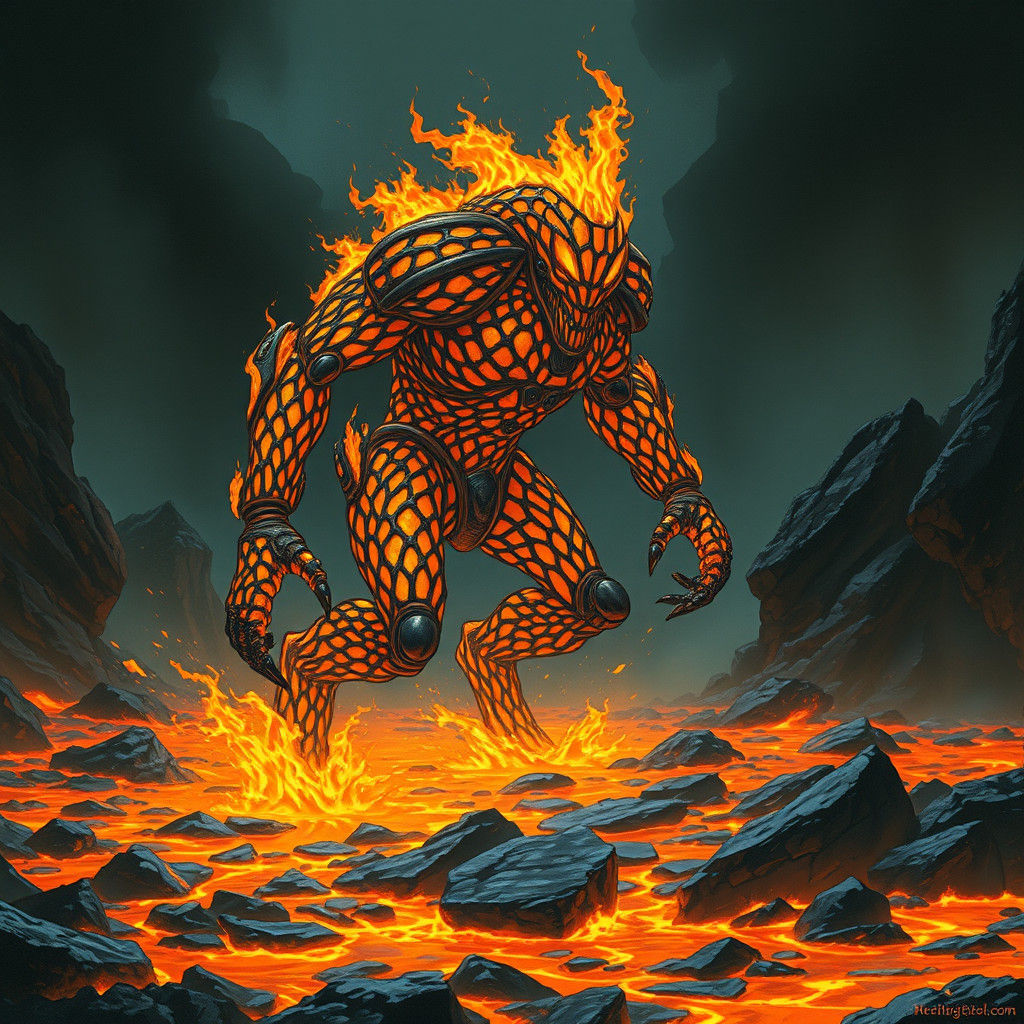 Fiery Golem Striding Through Lava Field