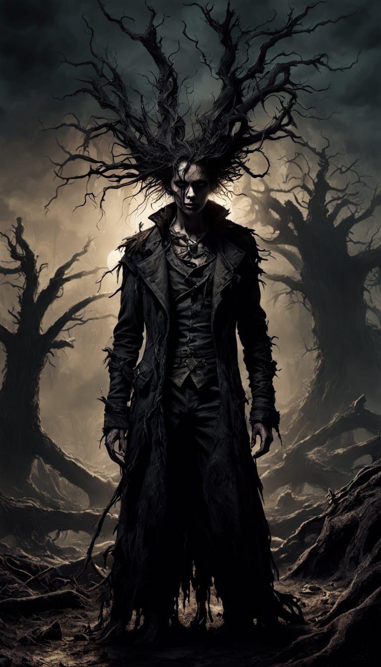 Dark Fantasy Figure in Ruined Gothic Landscape