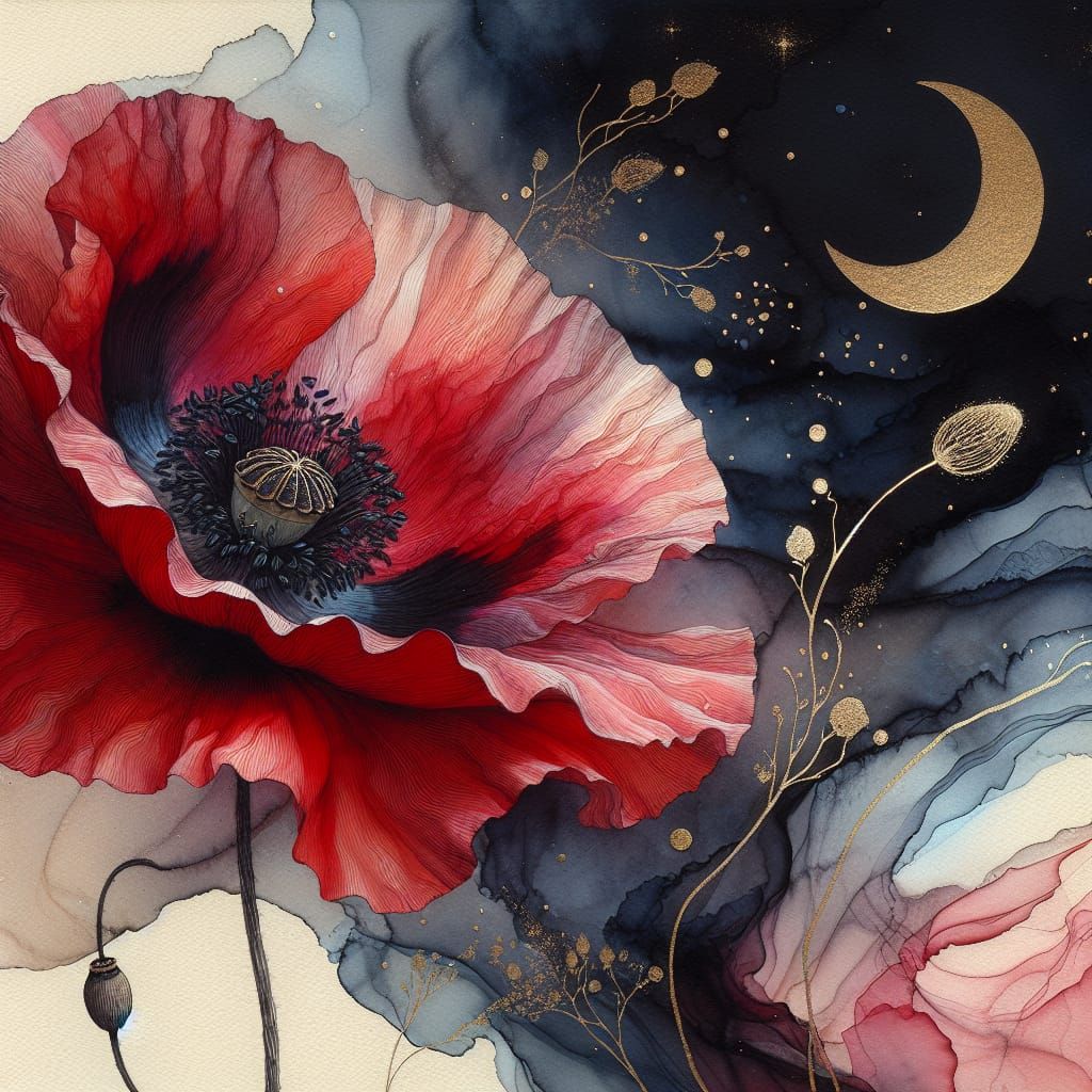 Ethereal Red Poppy in Night Sky Watercolor