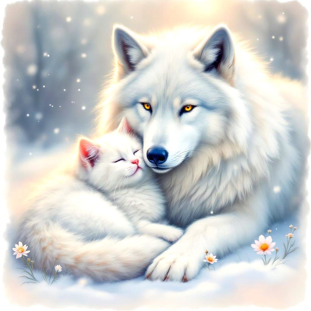 Ethereal Snowy Morning Scene of a Cat and Wolf as Loving Fri...