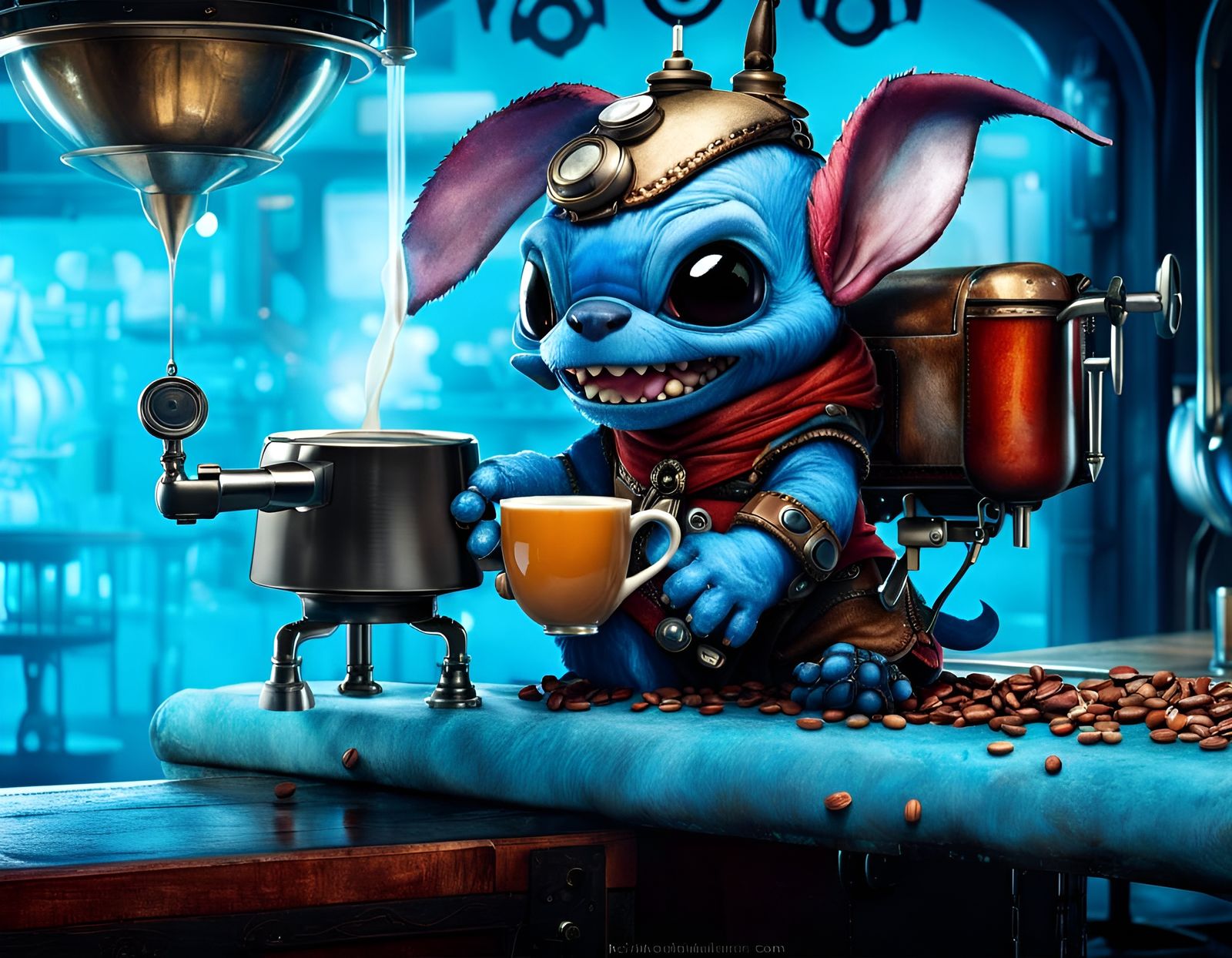 Stitch as Barista in Futuristic Coffee Shop