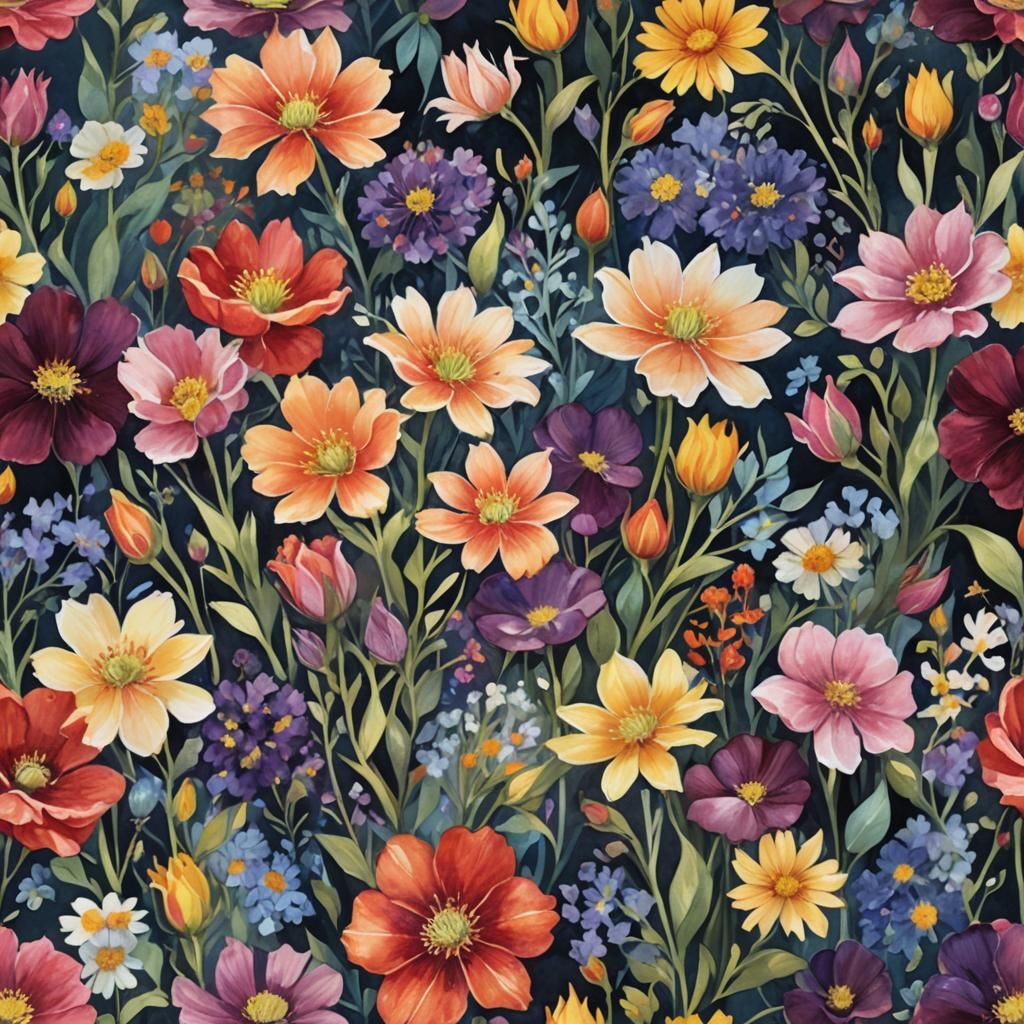 Gouache Flowers Bloom in Darkness: Impressionist Masterpiece