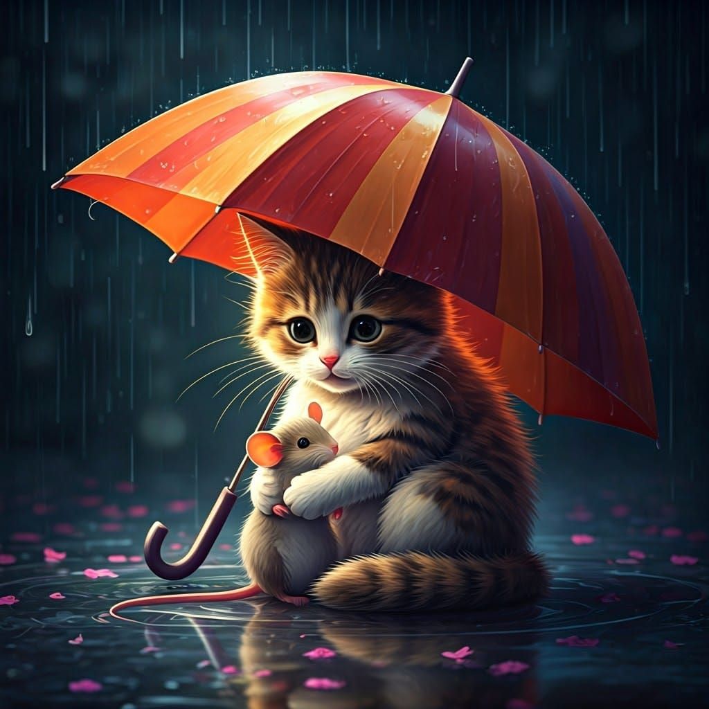Cute Kitten Cradles Mouse Under a Colorful Umbrella